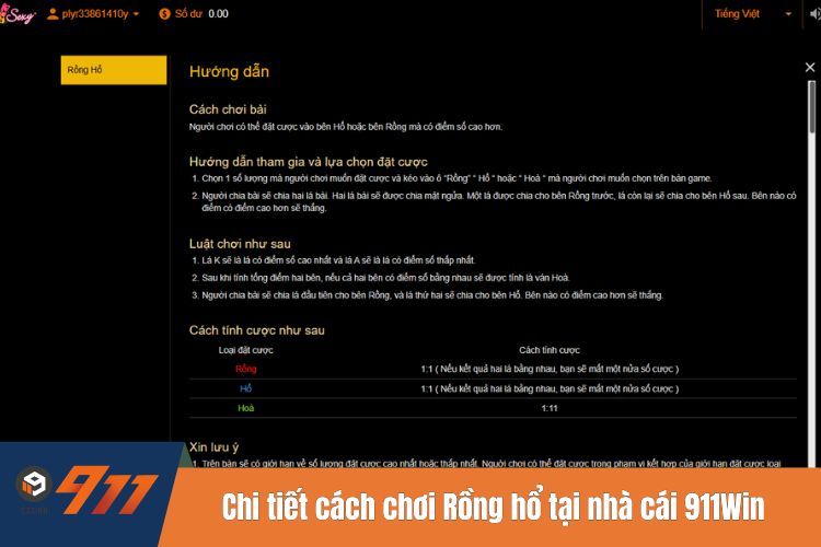 Chi tiết cách chơi Rồng hổ tại nhà cái 911WIN