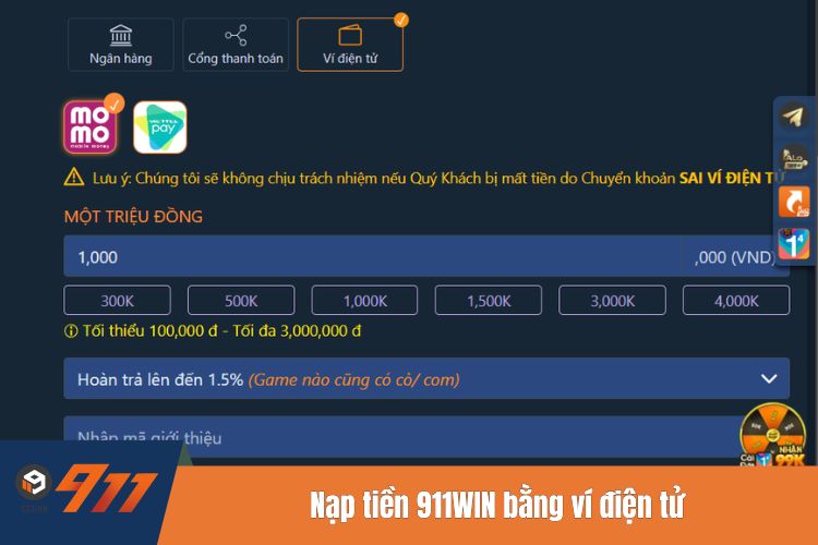 Nạp tiền 911Win bằng ví điện tử