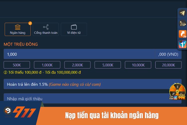 Nạp tiền qua tài khoản ngân hàng